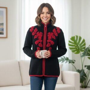 Coldwater Creek Cardigan 100% Wool Black Sweater Red Floral Trim Full Zip Sz M